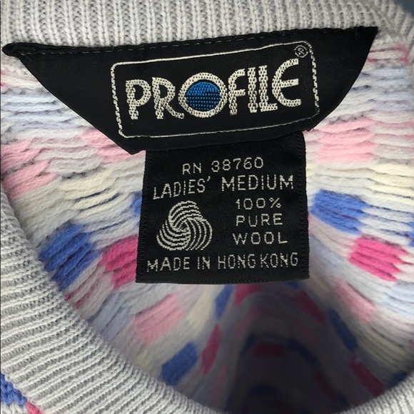 Vintage Profile Checkerboard Wool Ski Sweater Gray and Pink Checks Size Medium - Picture 3 of 6